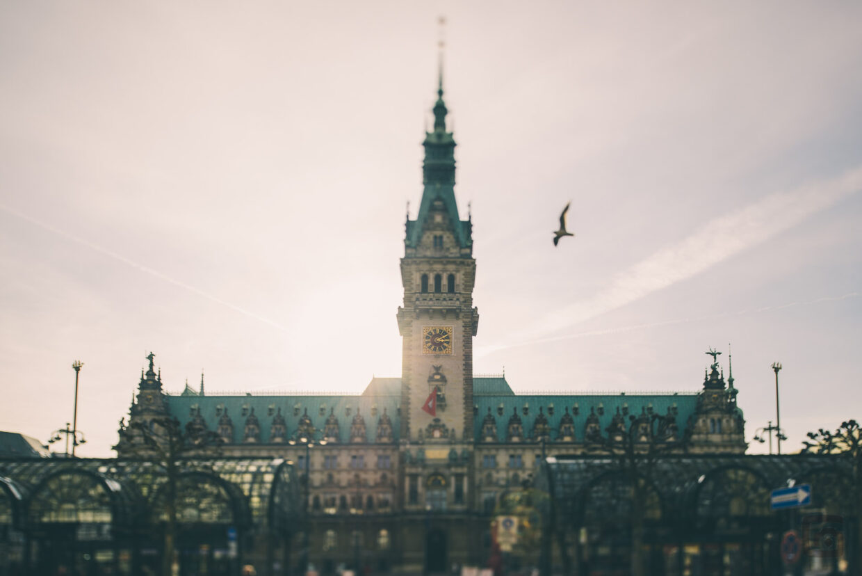 Hamburger Rathaus bei Gegenlicht